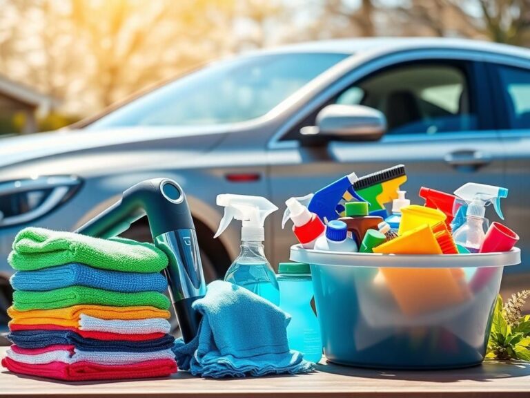 Flick International A well-organized car cleaning station with colorful supplies and a gleaming car