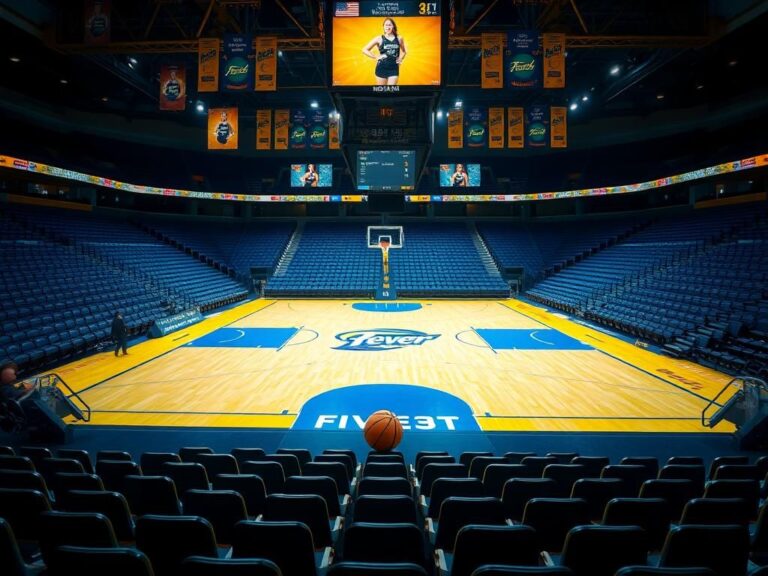 Flick International Interior view of an empty sports arena showcasing Indiana Fever's blue and gold colors