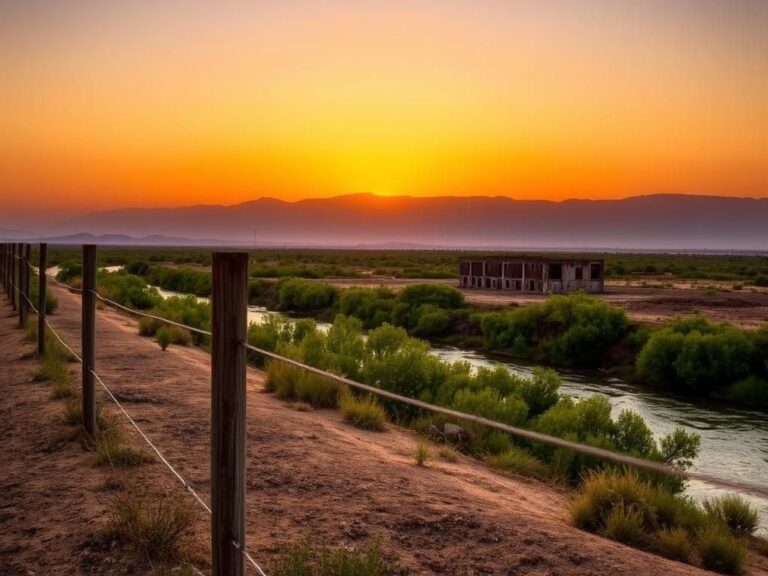Flick International Serene Texas-Mexico border landscape at dusk with a weathered wooden fence and distant hills
