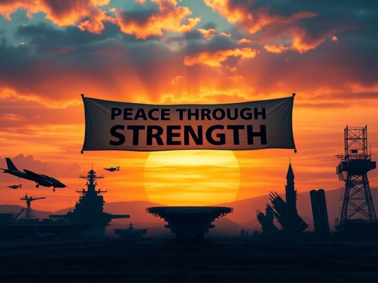 Flick International Dramatic landscape of a military base with a 'Peace through Strength' banner and silhouettes of military equipment.