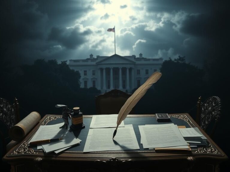 Flick International Overhead view of a vintage desk with papers, an ink bottle, and a quill pen, illuminated against a dark silhouette of the White House.