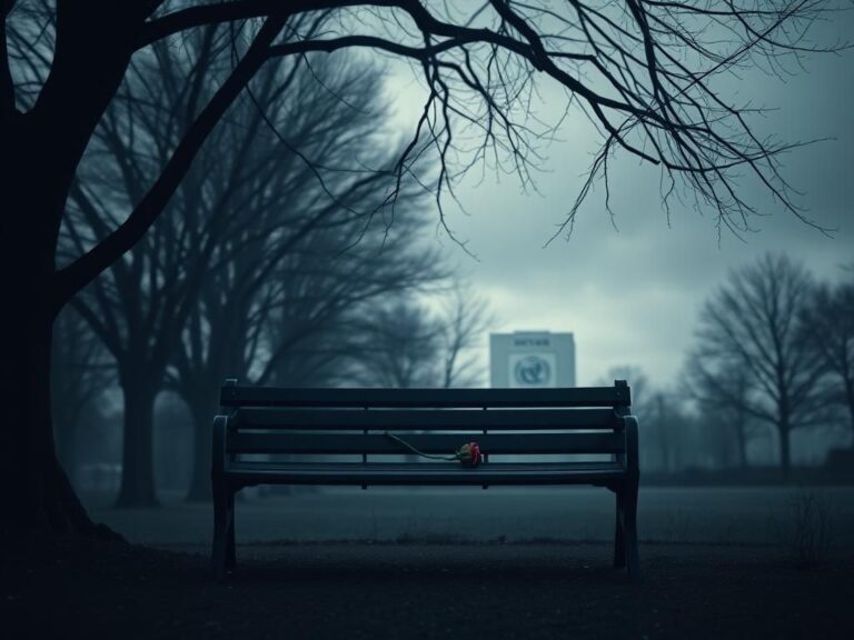 Flick International A somber empty park bench with a wilted rose, symbolizing loss amid dark trees and a cloudy sky.