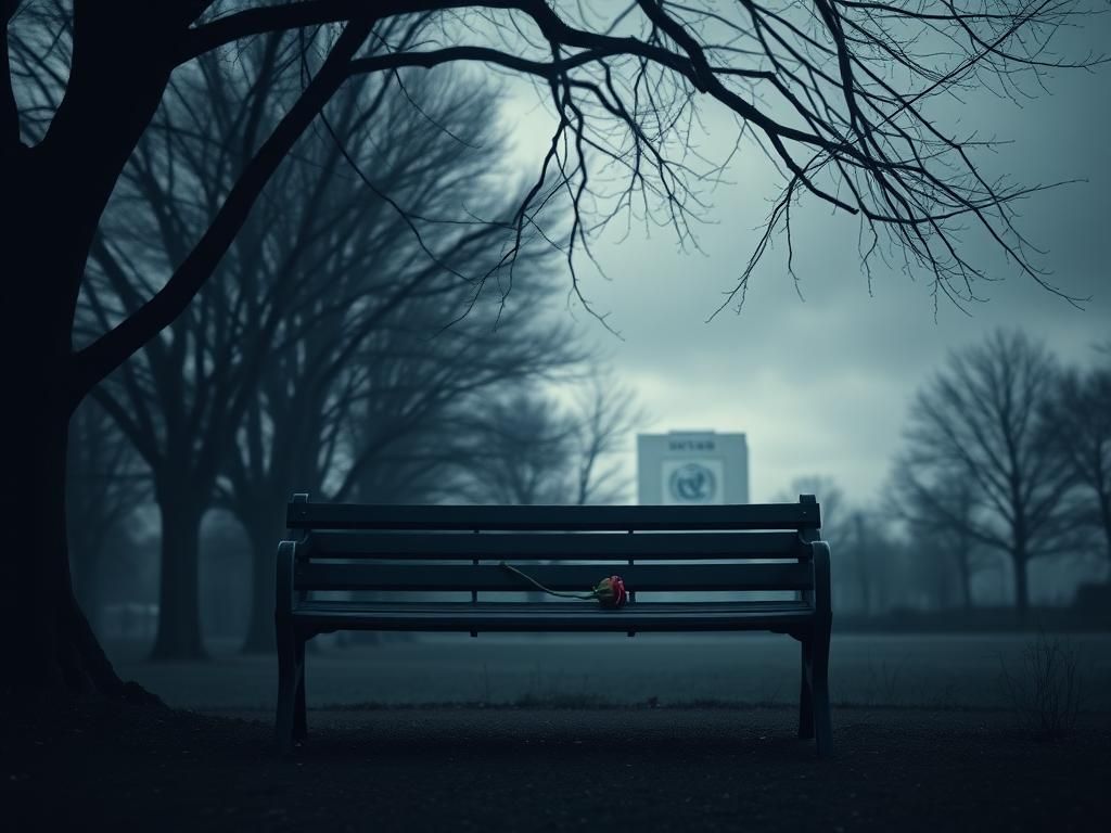 Flick International A somber empty park bench with a wilted rose, symbolizing loss amid dark trees and a cloudy sky.