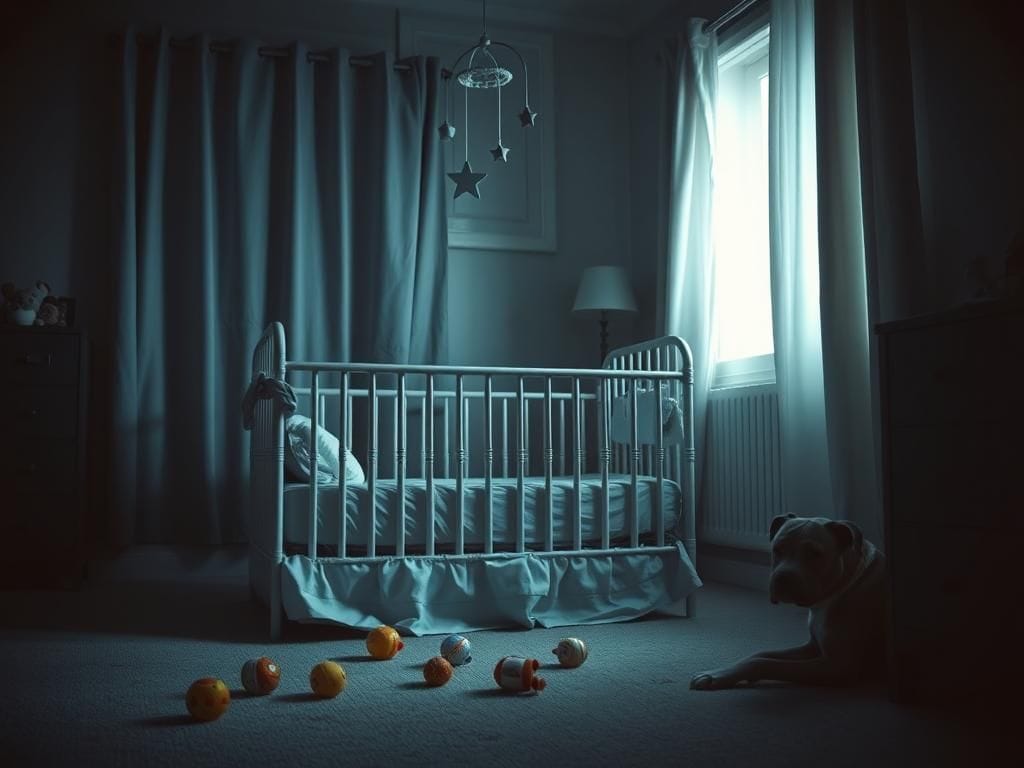 Flick International A dark and somber apartment bedroom with an empty crib and a puppy in the corner