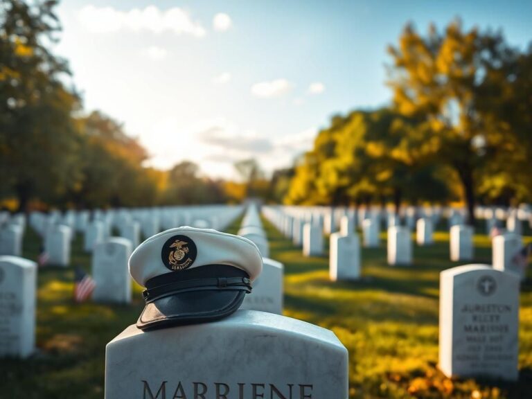 Flick International A cracked marine cap resting on a headstone at Arlington National Cemetery, symbolizing honor and sacrifice.