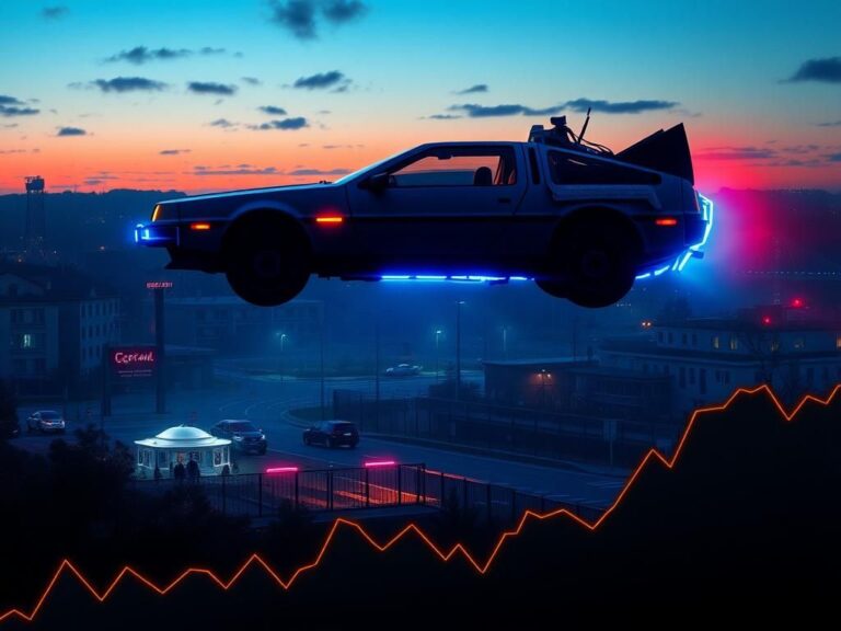 Flick International A futuristic DeLorean car hovering over a cityscape, representing time travel and political reflection