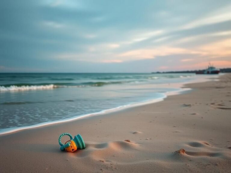 Flick International Serenity of Nantucket beach with gentle waves and a discarded child's toy symbolizing vulnerability
