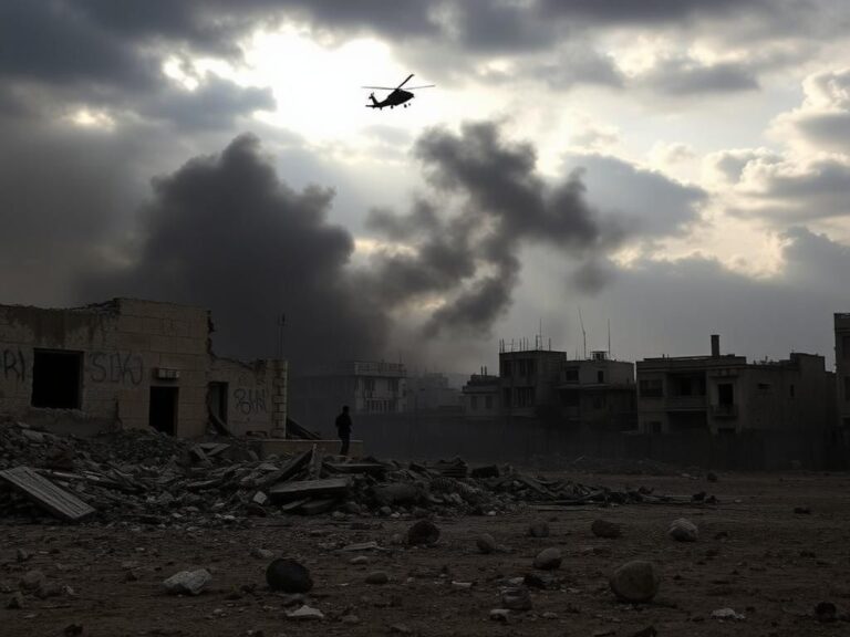 Flick International aftermath of military operation in Gaza with debris and smoke