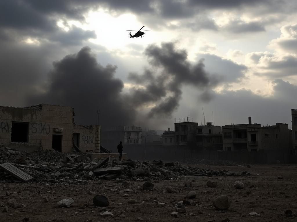 Flick International aftermath of military operation in Gaza with debris and smoke