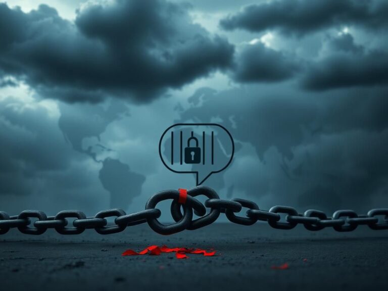 Flick International A broken chain symbolizing the oppression of free expression against a backdrop of a global map highlighting censorship