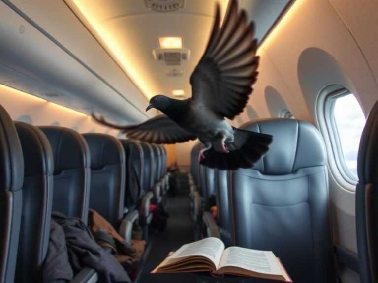 Flick International A startled pigeon flying inside a cozy airplane cabin just before takeoff