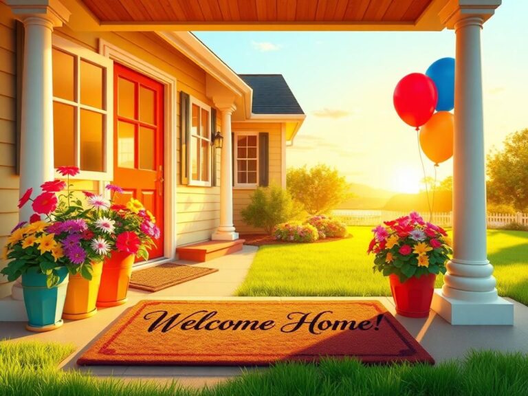 Flick International Bright, welcoming front porch with a decorative welcome mat and colorful flowers, symbolizing homecoming and family togetherness