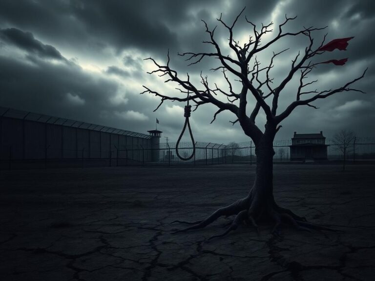 Flick International A solitary noose hanging from a gnarled, leafless tree in a dark, foreboding landscape symbolizing despair and repression in Iran.