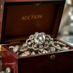 Flick International Antique jewelry box with diamond brooch and costume jewelry
