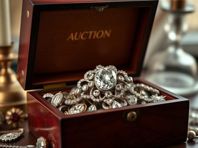 Flick International Antique jewelry box with diamond brooch and costume jewelry
