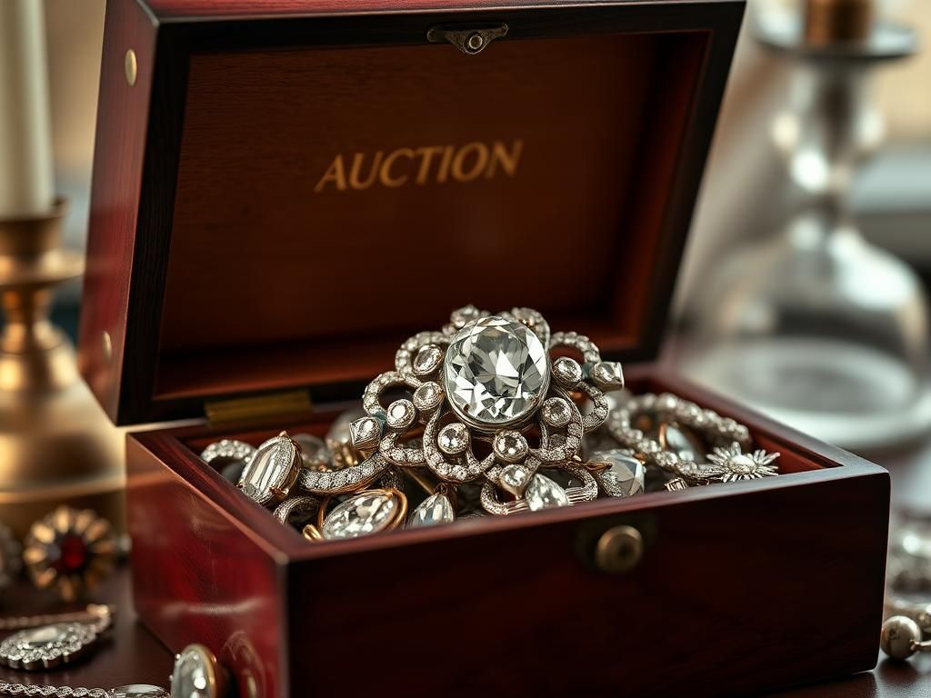 Flick International Antique jewelry box with diamond brooch and costume jewelry