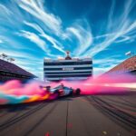Flick International Blurred racing car speeding at the Indianapolis Motor Speedway, celebrating victory
