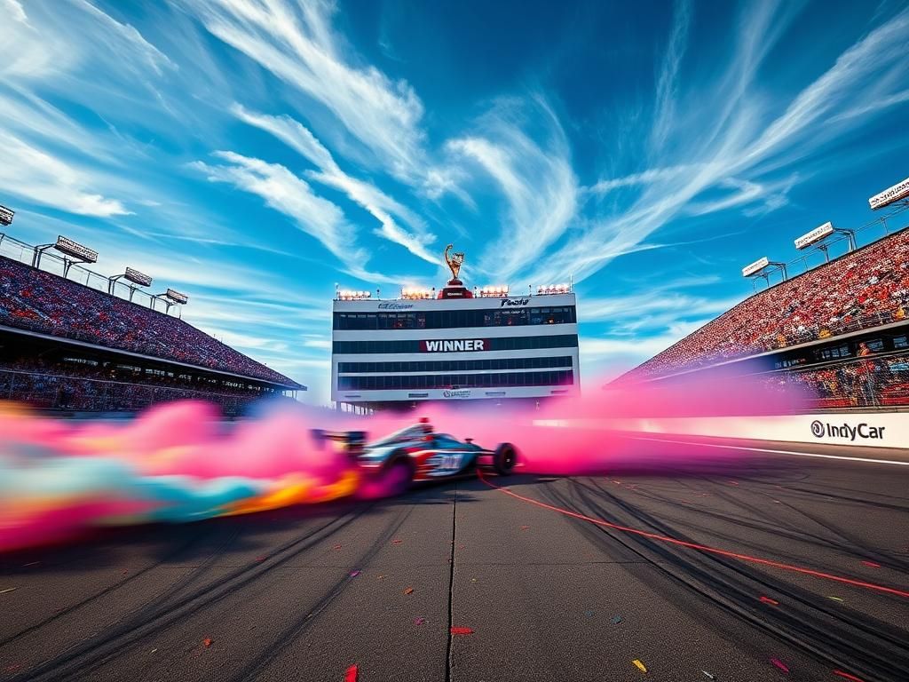 Flick International Blurred racing car speeding at the Indianapolis Motor Speedway, celebrating victory