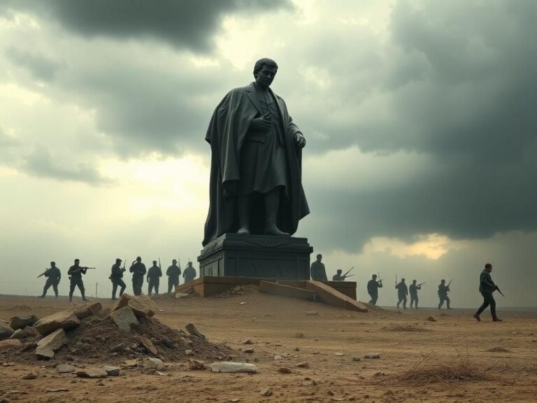 Flick International A crumbling statue symbolizing Iraq's broken power amidst a barren landscape, representing the influence of Iran.