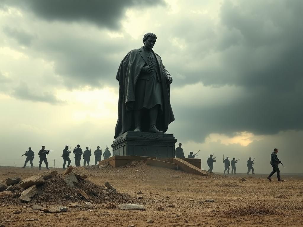 Flick International A crumbling statue symbolizing Iraq's broken power amidst a barren landscape, representing the influence of Iran.