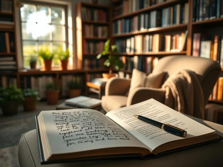 Flick International A serene library setting with books about caregiving and mental health