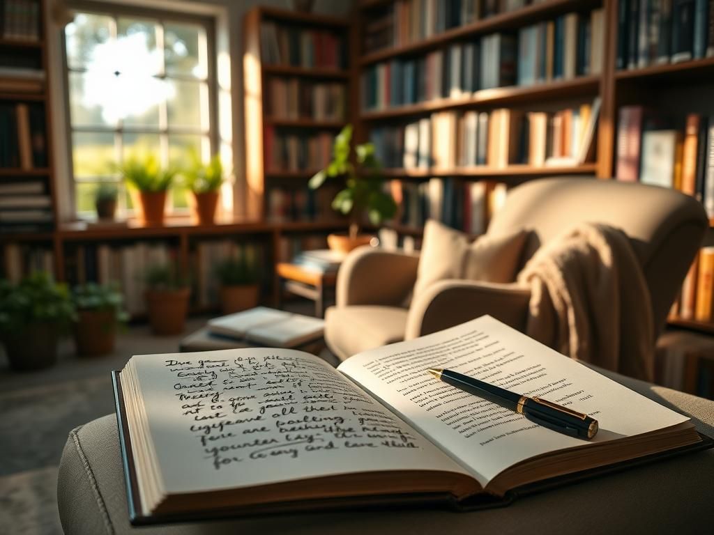 Flick International A serene library setting with books about caregiving and mental health
