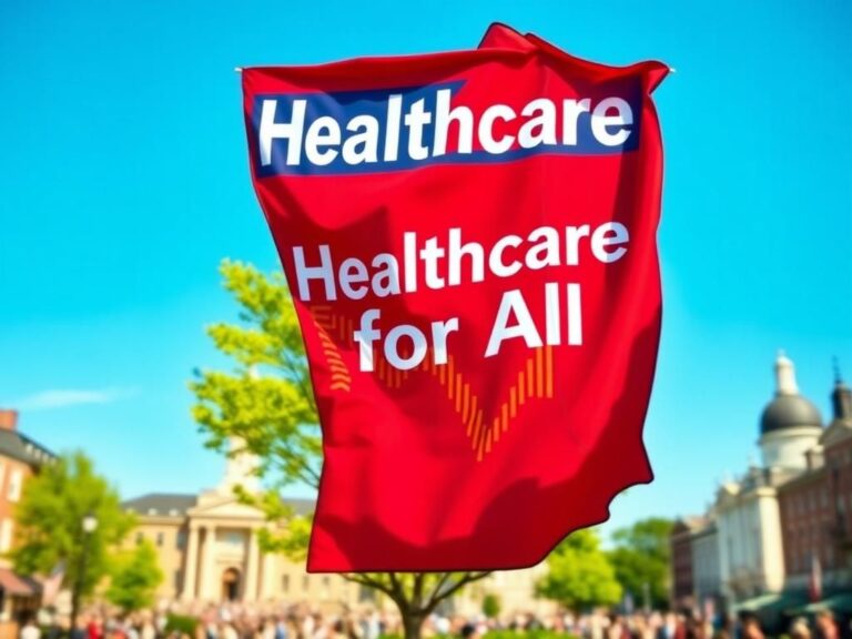 Flick International Political campaign banner reading 'Healthcare for All' in a vibrant New Hampshire setting