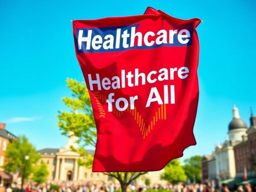 Flick International Political campaign banner reading 'Healthcare for All' in a vibrant New Hampshire setting