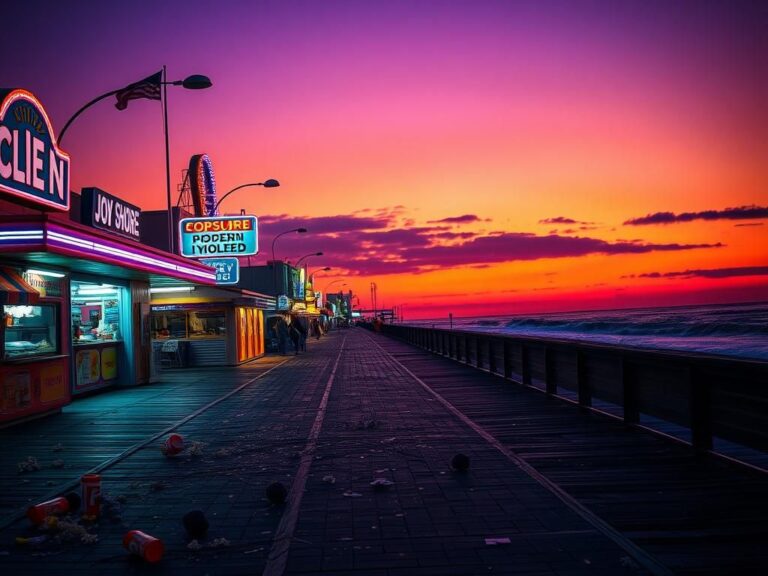 Flick International A bustling Jersey Shore boardwalk scene during dusk with colorful neon lights and remnants of chaos