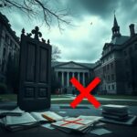 Flick International A prestigious university campus with iconic Harvard-style architecture and a large wooden door slightly ajar, symbolizing the revocation of tenure.
