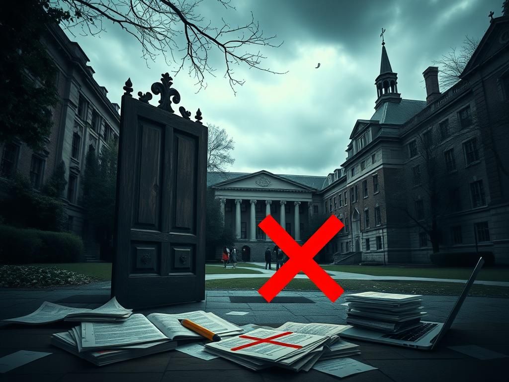 Flick International A prestigious university campus with iconic Harvard-style architecture and a large wooden door slightly ajar, symbolizing the revocation of tenure.