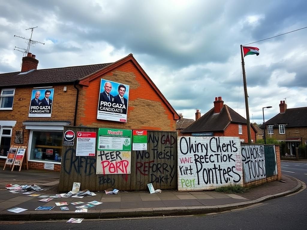 Flick International Cityscape of a small English town hall with election posters for pro-Gaza candidates