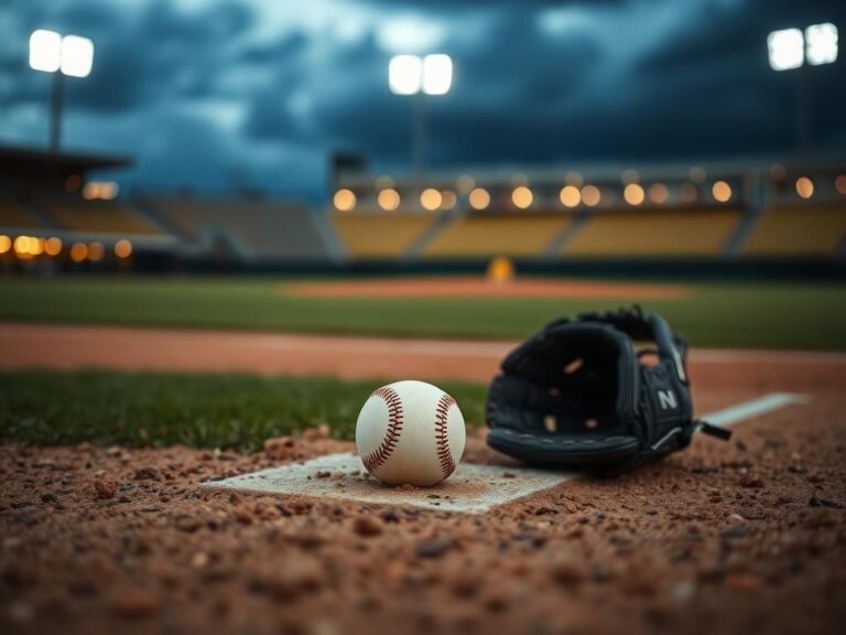 Flick International Close-up of a baseball diamond showing worn infield dirt and an abandoned baseball near second base