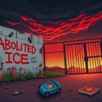 Flick International Illustration contrasting ideologies on immigration, featuring a wall with 'Abolish ICE' graffiti and a gate representing strict control.