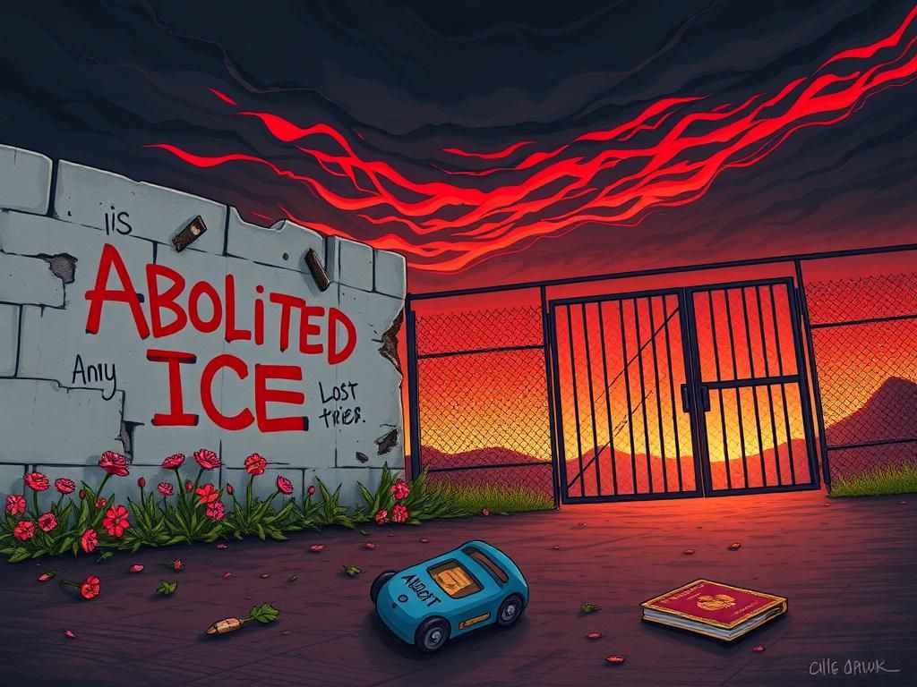 Flick International Illustration contrasting ideologies on immigration, featuring a wall with 'Abolish ICE' graffiti and a gate representing strict control.