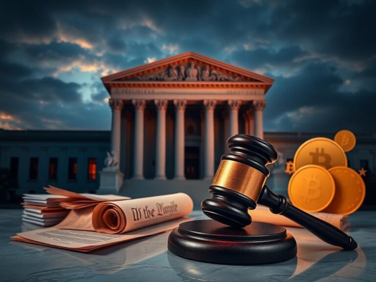 Flick International Symbolic representation of a federal courthouse with a large gavel and legal documents