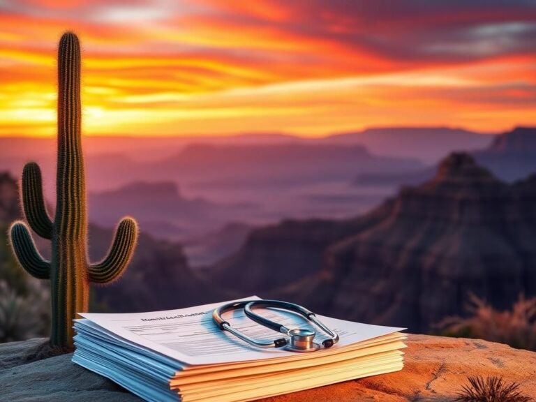 Flick International A serene Arizona landscape showing the Grand Canyon at sunset with a large cactus and medical paperwork, symbolizing healthcare oversight.