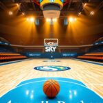 Flick International A vibrant basketball court scene featuring the Chicago Sky logo and WNBA emblem, illuminated by dramatic stadium lights.