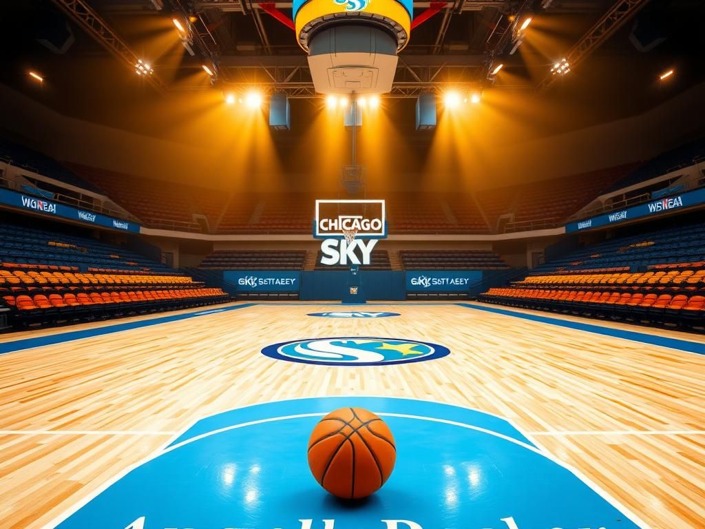Flick International A vibrant basketball court scene featuring the Chicago Sky logo and WNBA emblem, illuminated by dramatic stadium lights.