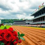 Flick International A vibrant view of Churchill Downs racetrack with lush green infield and grandstand