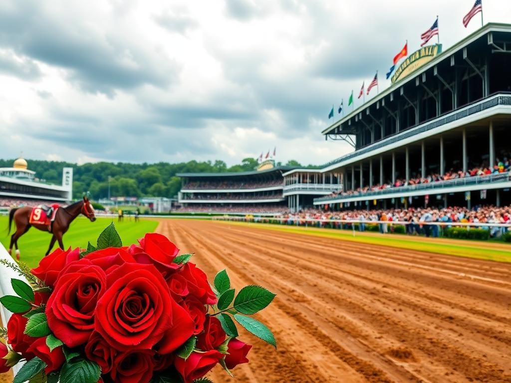 Flick International A vibrant view of Churchill Downs racetrack with lush green infield and grandstand
