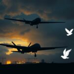 Flick International Military drone silhouette hovering ominously over Iranian nuclear facilities