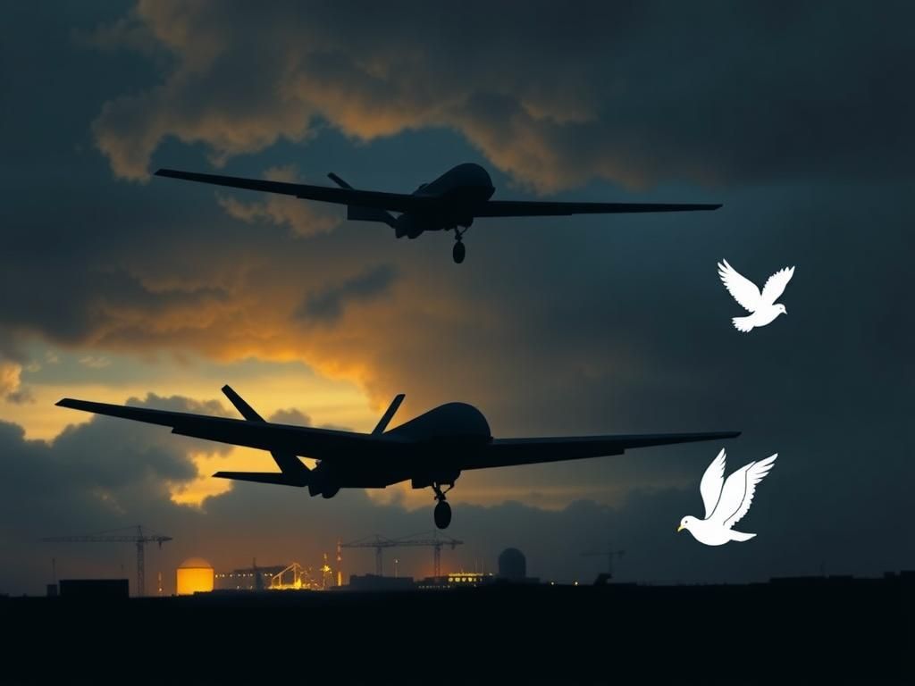 Flick International Military drone silhouette hovering ominously over Iranian nuclear facilities