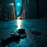 Flick International A dramatic urban scene in a dimly lit alleyway in the Bronx with police paraphernalia scattered on the ground.