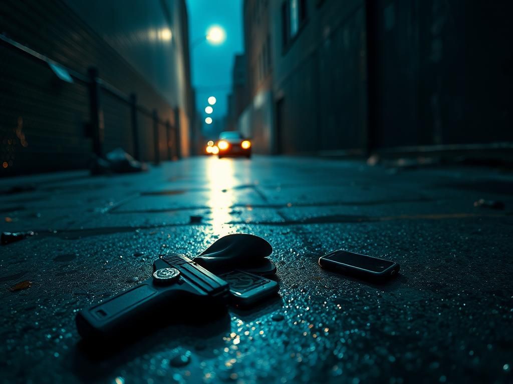 Flick International A dramatic urban scene in a dimly lit alleyway in the Bronx with police paraphernalia scattered on the ground.