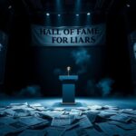 Flick International A cavernous hall symbolizing political integrity and deception with a golden microphone on a podium