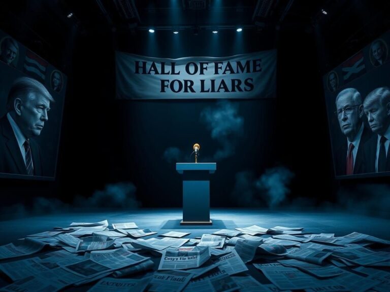 Flick International A cavernous hall symbolizing political integrity and deception with a golden microphone on a podium