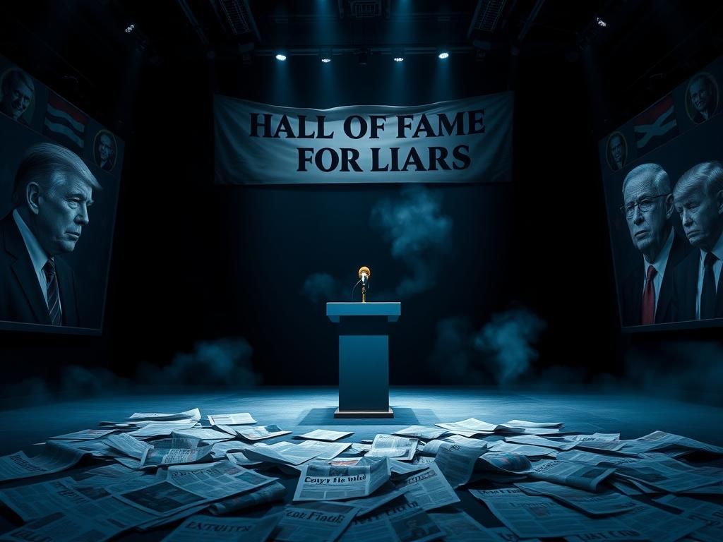 Flick International A cavernous hall symbolizing political integrity and deception with a golden microphone on a podium