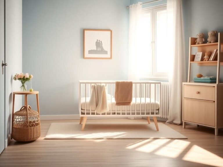 Flick International Serene nursery scene with a crib, soft toys, and flowers symbolizing new beginnings
