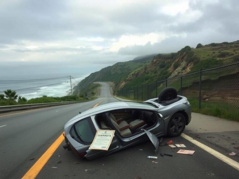 Flick International A mangled car on its side at Laguna Beach after a tragic driving accident